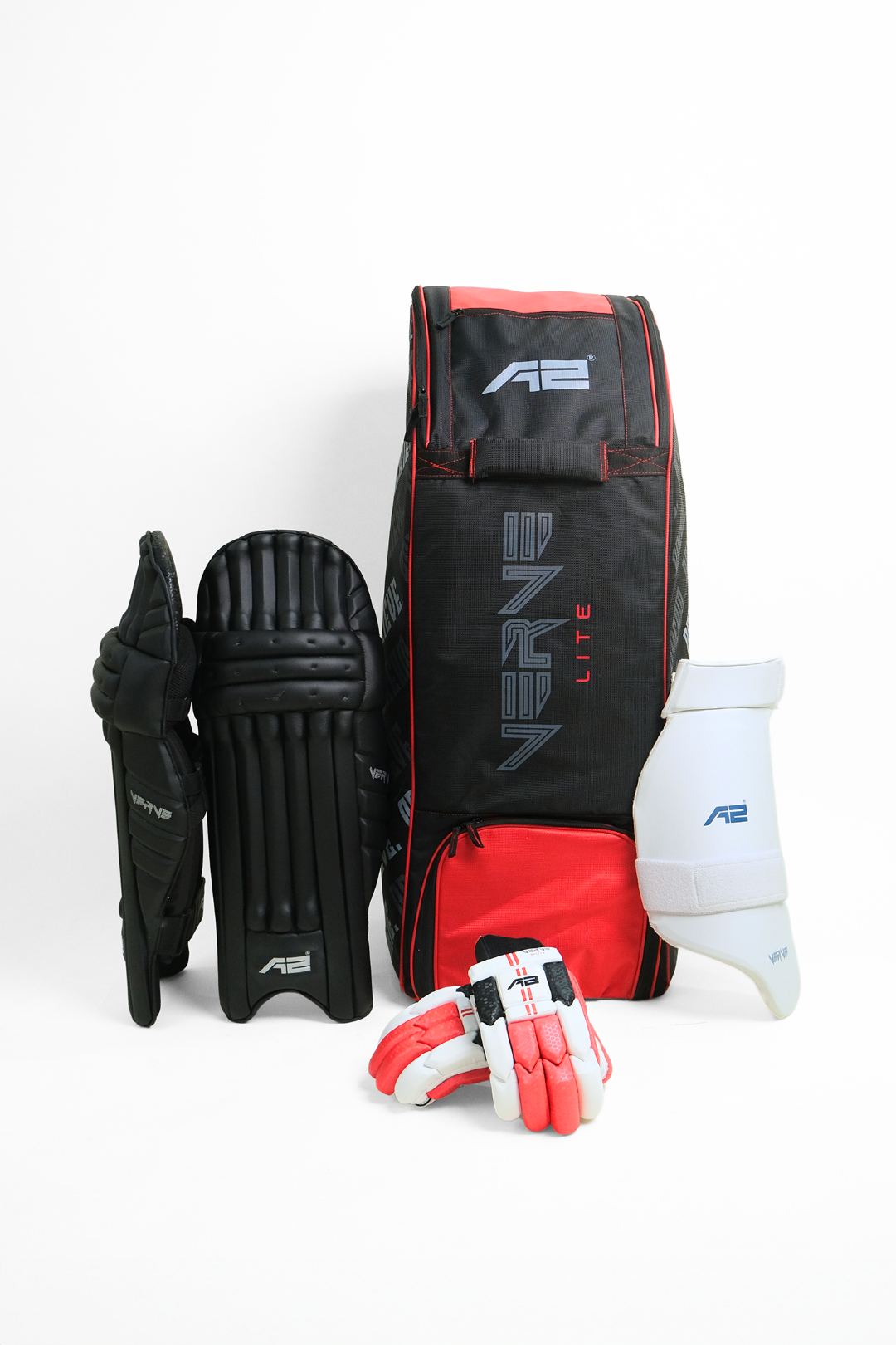 A2 Verve Lite Cricket Kitbag, Black Batting Pads, Thigh Pad, Splitx Batting Gloves