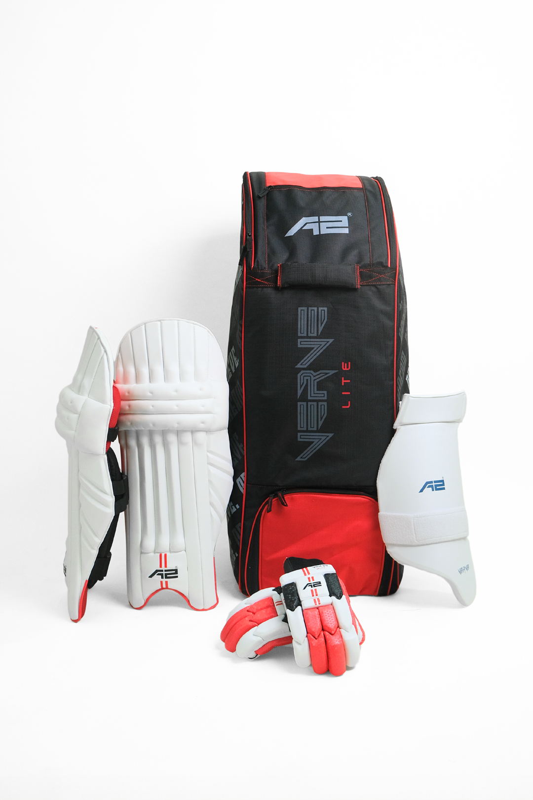 A2 Verve Lite Cricket Kitbag, Verve Lite Batting Pads, Thigh Pad, Splitx Batting Gloves