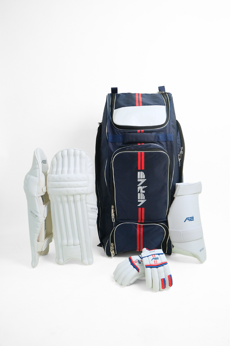 A2 Verve Duffle Cricket Kitbag, White Batting Pads, Thigh Pad, Verve Batting Gloves