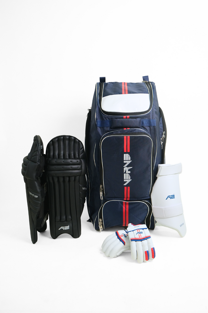 A2 Verve Duffle Cricket Kitbag, Black Batting Pads, Thigh Pad, Verve Batting Gloves