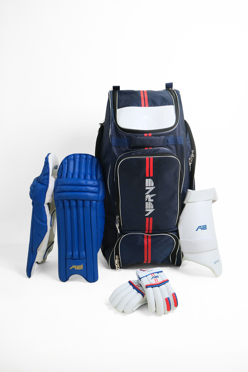 A2 Verve Duffle Cricket Kitbag , Blue Batting Pads , Thigh Pad, Verve Batting Gloves