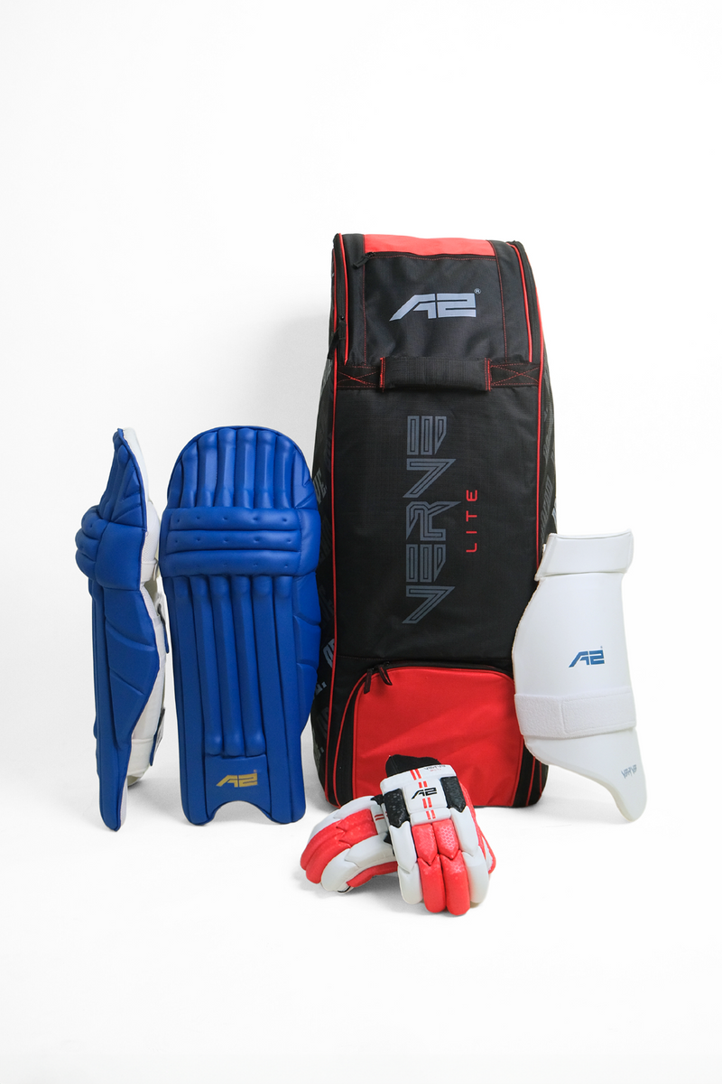 A2 Verve Lite Cricket Kitbag, Blue Batting Pads, Thigh Pad, Splitx Batting Gloves